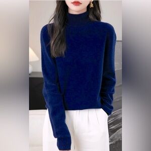 Chanyarn 100% Merino Wool 2025 Seamless Navy Funnel Neck Pullover Sweater